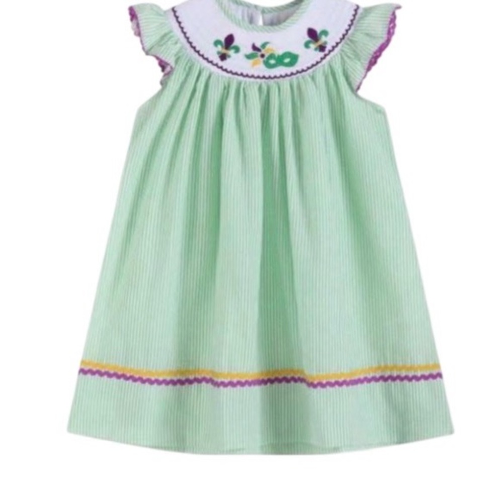 Girls' Mint Green Mardi Gras Embroidered Smocked Dress